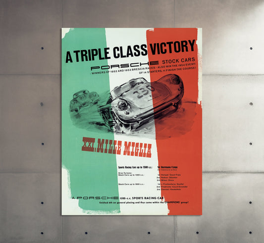 Porsche Poster | Vintage Porsche Mille Miglia 1950s Triple Class Victory Racing Poster | Classic Car Painting | Motorsports Wall Art Print