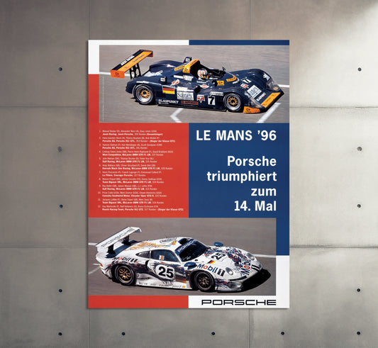 Porsche Poster | Vintage Porsche Le Mans 1996 Racing Poster | Classic Sports Car Advertisement | Motorsport Wall Art Print