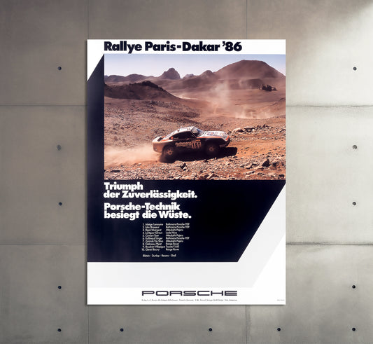 Porsche Poster | Vintage Paris Dakar Rally 1986 Racing Poster | Classic Sports Car Advertising | Motorsport Wall Art Print