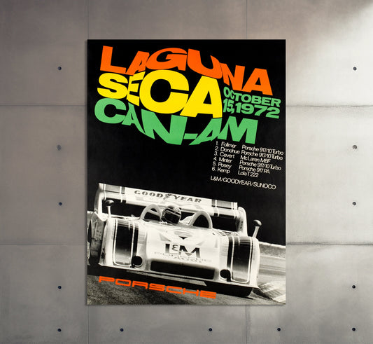 Porsche Poster | Vintage Porsche Turbo 917 Laguna Seca Can Am 1972 Racing Poster | Classic Car Advertisement | Motorsport Wall Art Print