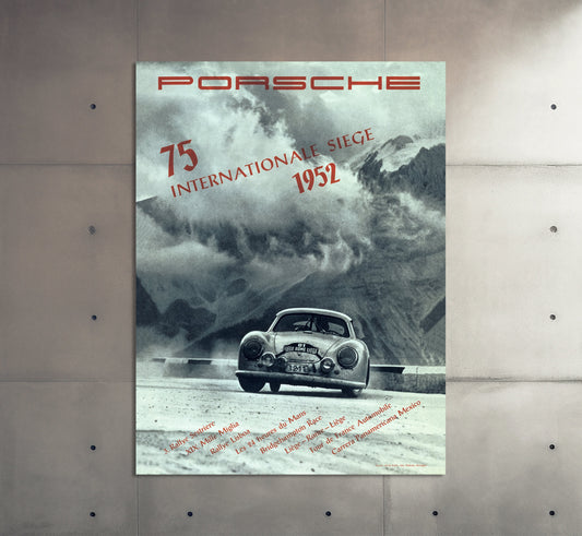 Porsche Poster | Vintage Porsche 75 International Wins 1952 Racing Poster | Classic Sports Car Rally poster | Motorsports Wall Art Print