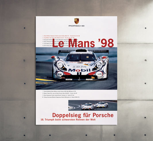 Porsche Poster | Vintage Porsche Le Mans 1998 Racing Poster | Classic Sports Car Advertising | Motorsports Wall Art Print