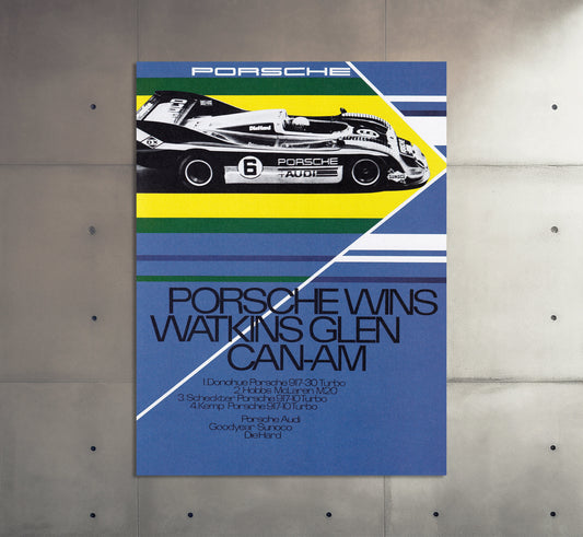 Porsche Poster | Vintage Porsche Wins Watkins Glen Can Am 1973 Racing Poster | Classic American Sports Car Race Ad | Motorsports Wall Art