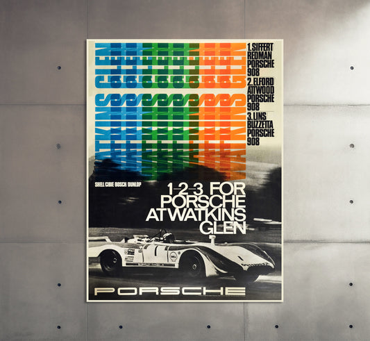 Porsche Poster | Vintage 1-2-3 For Porsche At Watkins Glen USA 1969 Racing Poster | Classic Sports Car Ad | Motorsport Wall Art Print