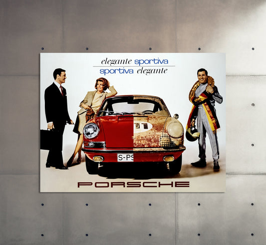 Porsche Poster | Vintage Porsche 911 Elegante Sportiva Advertising Poster | Classic Car Ad | Motorsport Wall Art Print